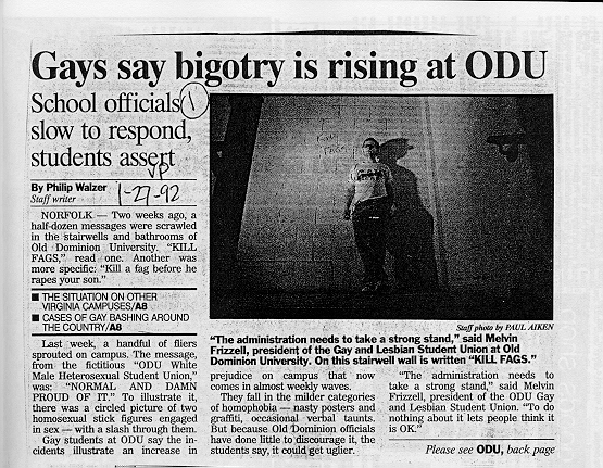 Gays say bigotry rising at ODU (Newspaper clipping)